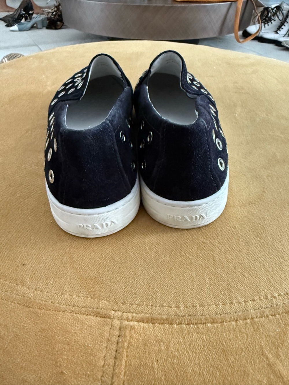 Prada Black Suede Slip-On Sneakers with Silver Eyelets - Picture 4 of 8